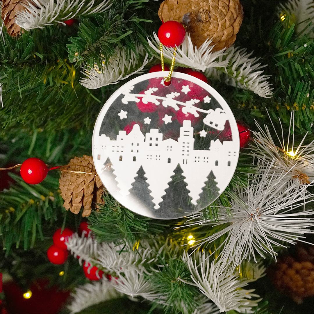 Set of 2 Acrylic Christmas Cityscape Ornaments – Hanging Décor - Memories InsiteCHRISTMAS CITYSCAPE ORNAMENT SET OF-2